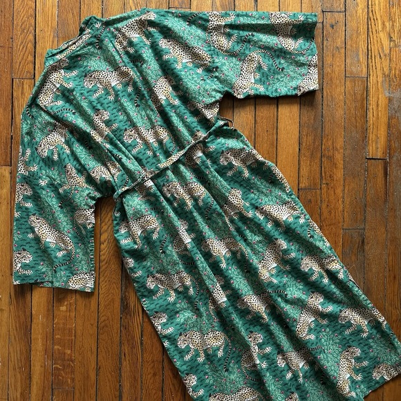 Print Fresh Bagheera Long Robe Sleepwear Cotton Women S/M Leopard Jaguar Green - Picture 6 of 6